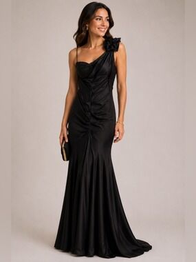 XSCAPE Black Ruched Cocktail Dress Size 14 Party Event Little Black Dress Glam